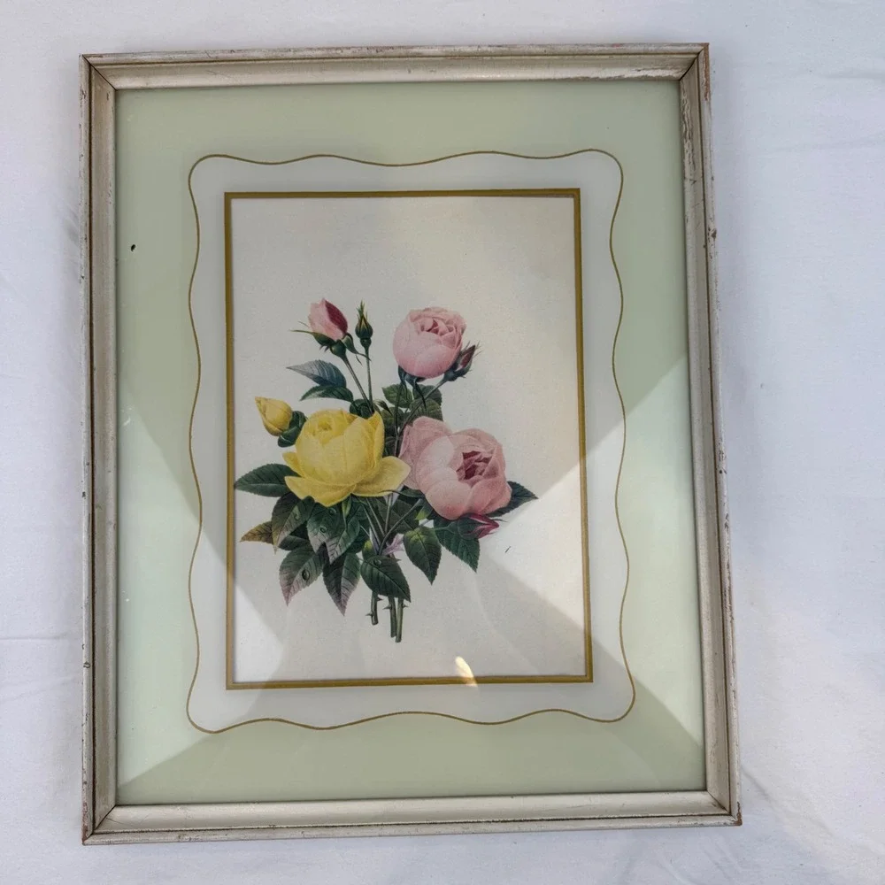 Vintage Botanical Rose Floral Print Distressed White Framed Wall Art 13x17